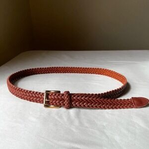 Vintage‎ Cognac Brown Braided Leather Belt Gold Tone Buckle Casual Unisex XL